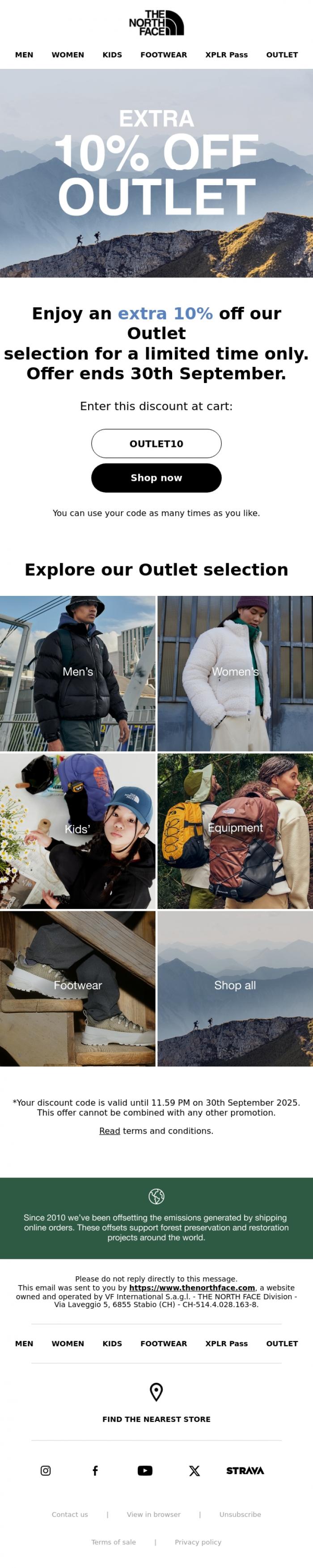 Email Design Inspiration from The North Face, Extra 10% off Outlet styles