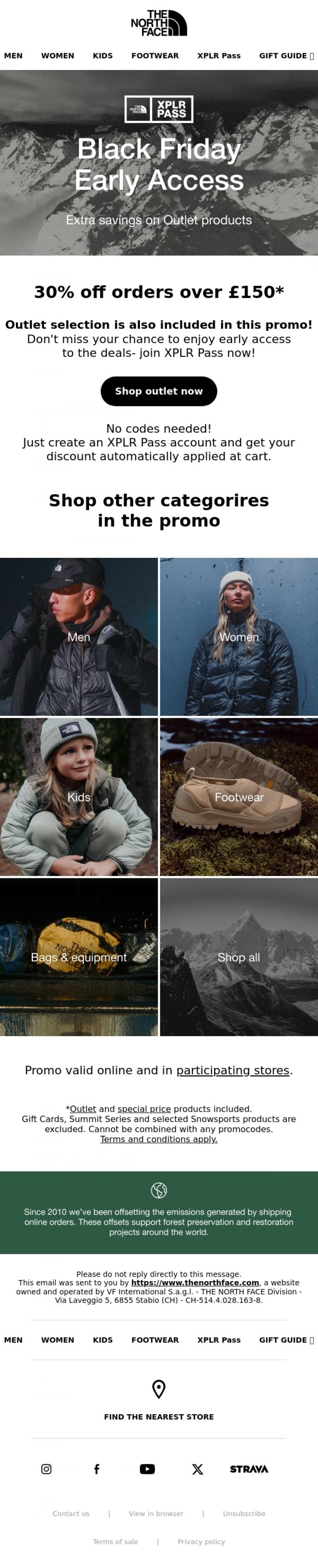 Email Design Inspiration from The North Face, Get 30% off already discounted Outlet