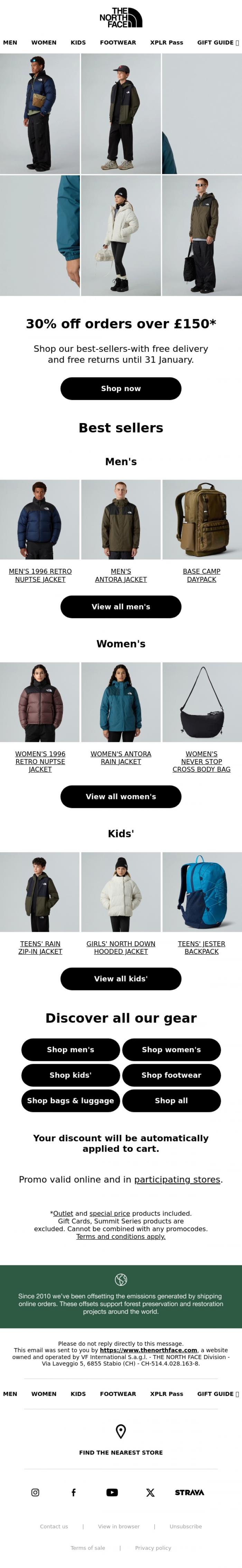 Email Design Inspiration from The North Face, Get our best-sellers at 30% OFF! ⚡️