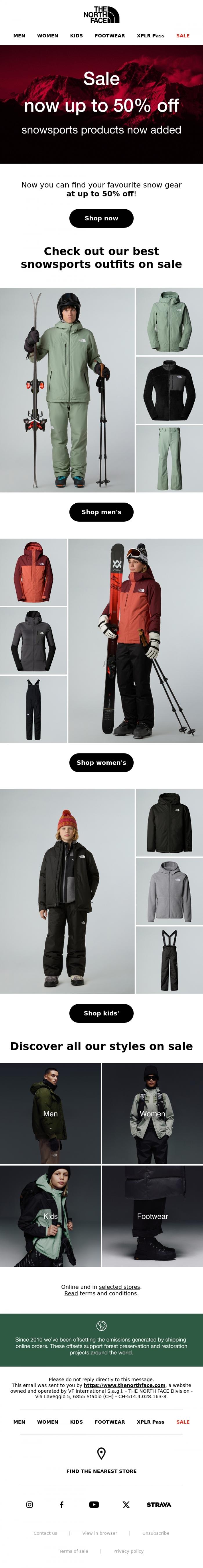 Email Design Inspiration from The North Face, Sales up to 50% off | Snowsports gear included now! ⛷️