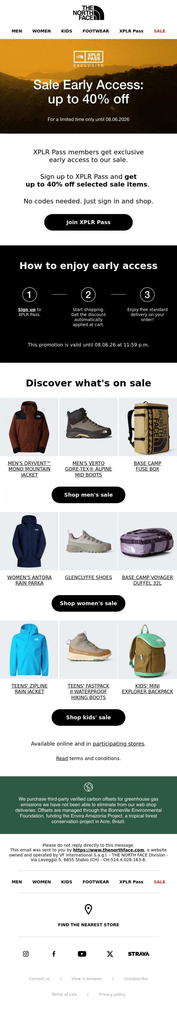 Email Design Inspiration from The North Face, Sale Early Access up to 40% off!