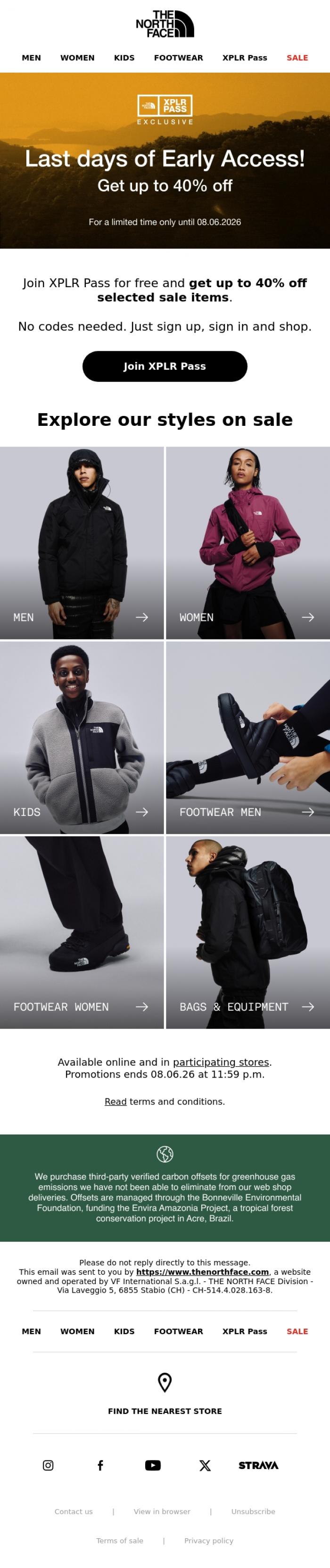 Email Design Inspiration from The North Face, Last 2 days: unlock up to 40% off with Sale Early Access
