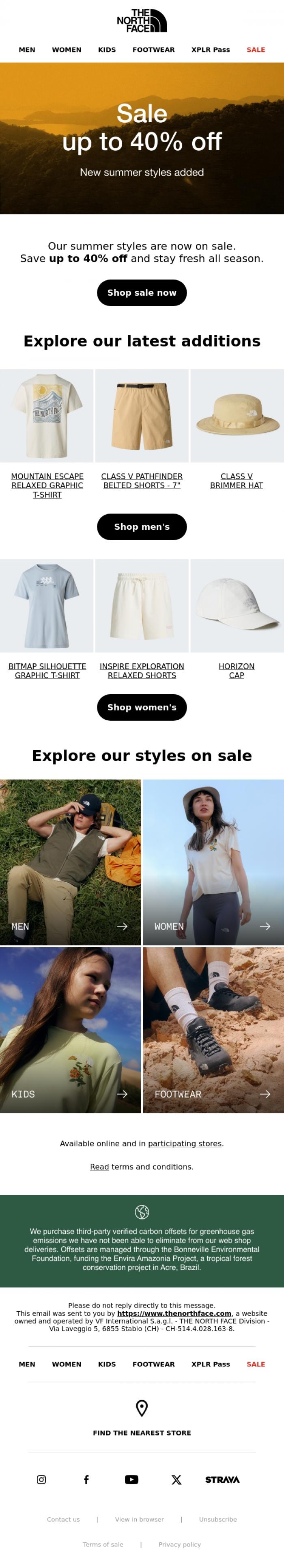 Email Design Inspiration from The North Face, Summer styles now on sale! Up to 40% off 🔥