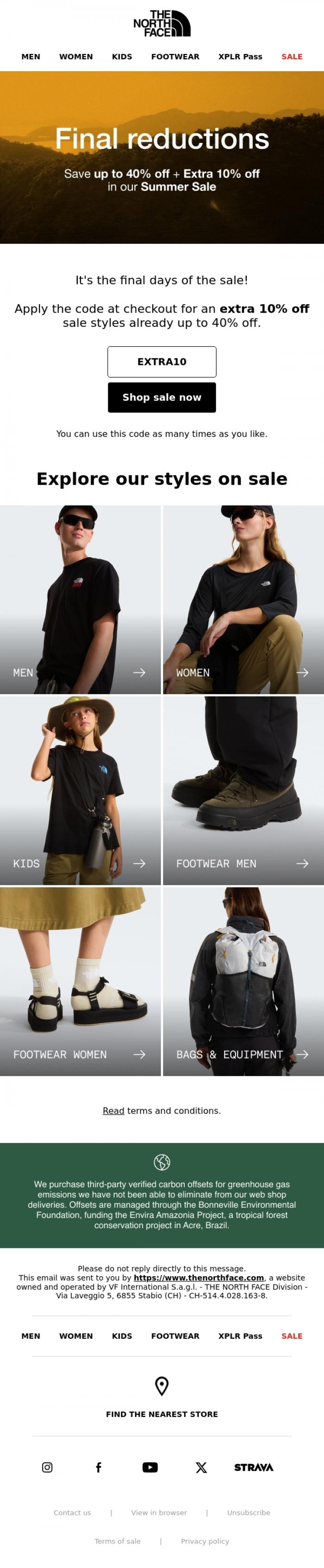 Email Design Inspiration from The North Face, Sale Final Reductions! Up to 40% off + Extra 10% off🔥