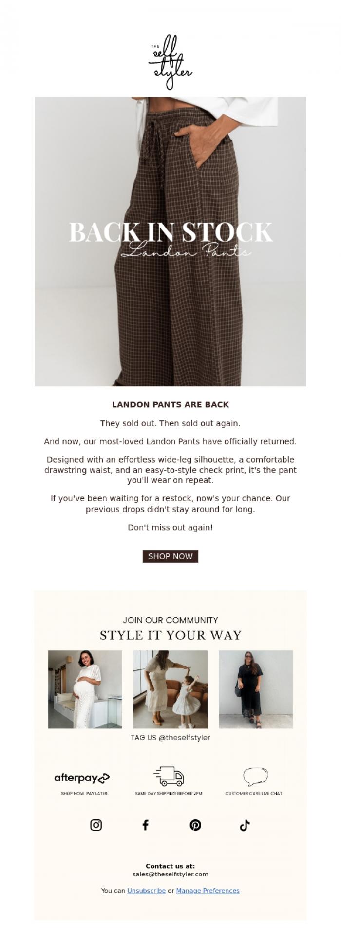 Email Design Inspiration from The Self Styler, Back In Stock, The Pants You Keep Selling Out