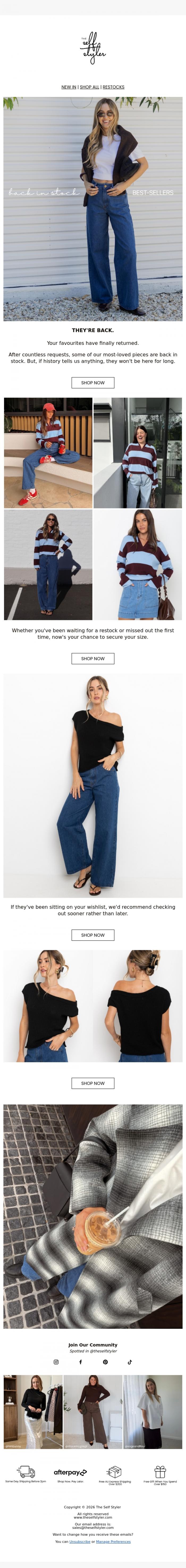 Email Design Inspiration from The Self Styler, Restocked: Your Everyday Favourites