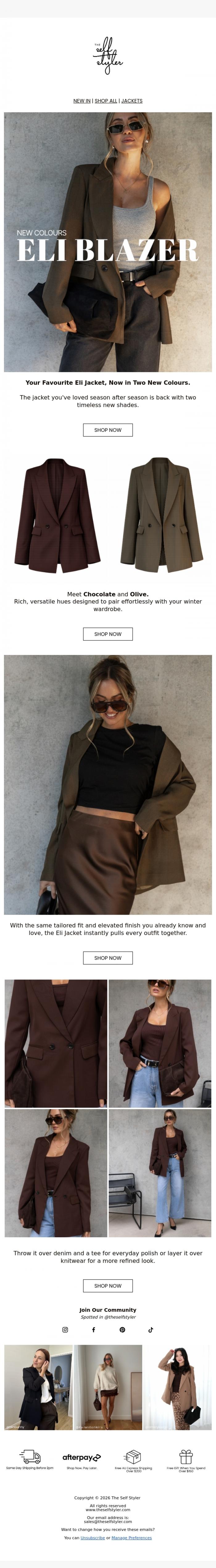 Email Design Inspiration from The Self Styler, The Eli Jacket Is Back In Two New Colours