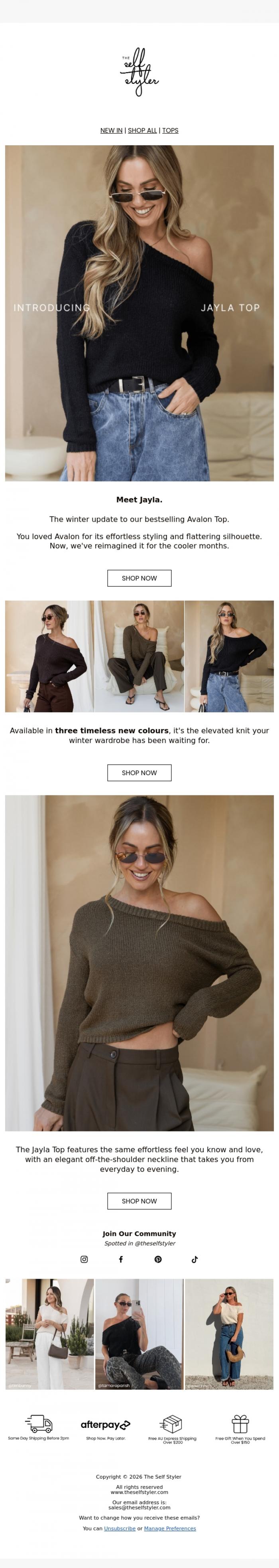 Email Design Inspiration from The Self Styler, Meet Jayla: The Winter Update to Avalon