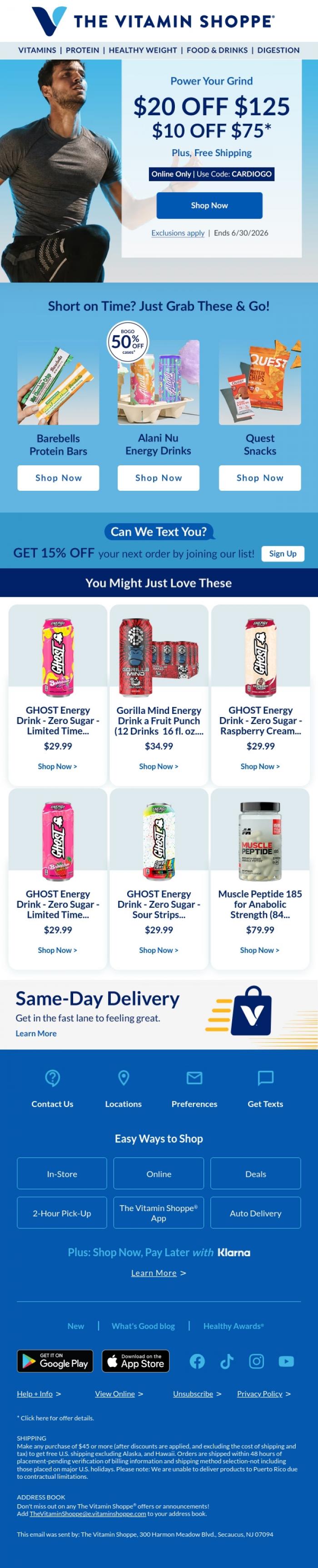 Email Design Inspiration from The Vitamin Shoppe, Use code CARDIOGO for HOW much off?