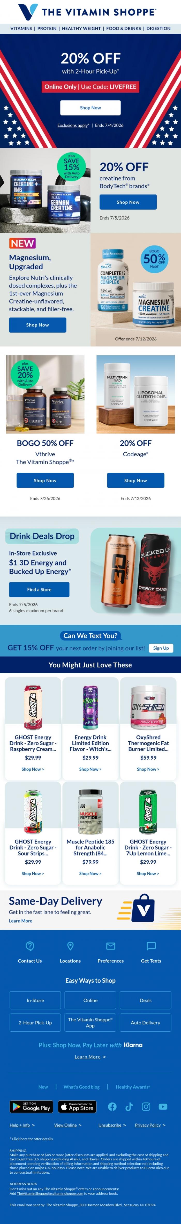 Email Design Inspiration from The Vitamin Shoppe, The deal: 20% off | The code: LIVEFREE