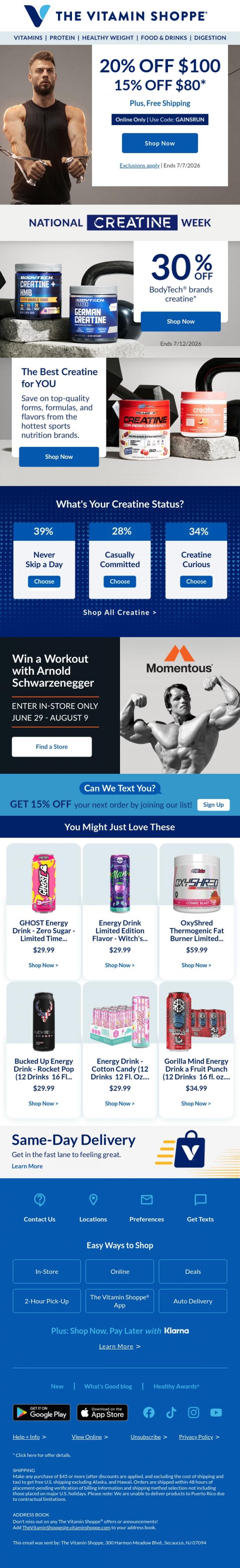 Email Design Inspiration from The Vitamin Shoppe, Save 30% on the king of all creatines 👑
