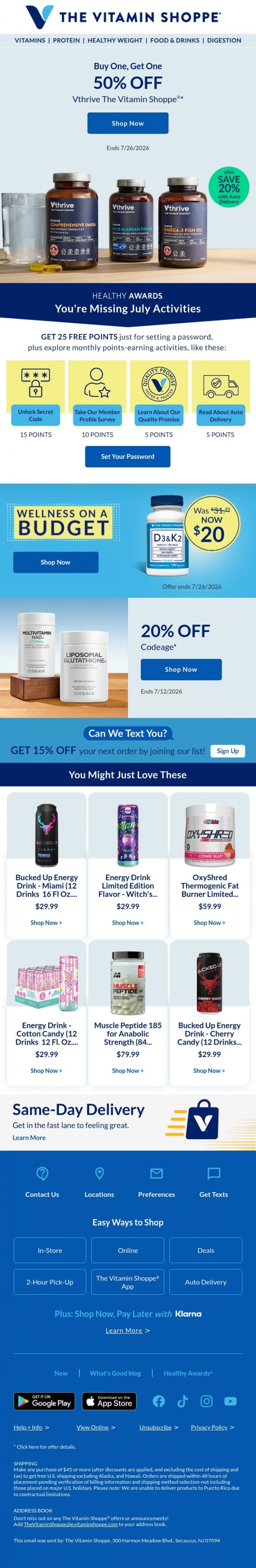 Email Design Inspiration from The Vitamin Shoppe, BOGO 50% off&nbsp;Vthrive