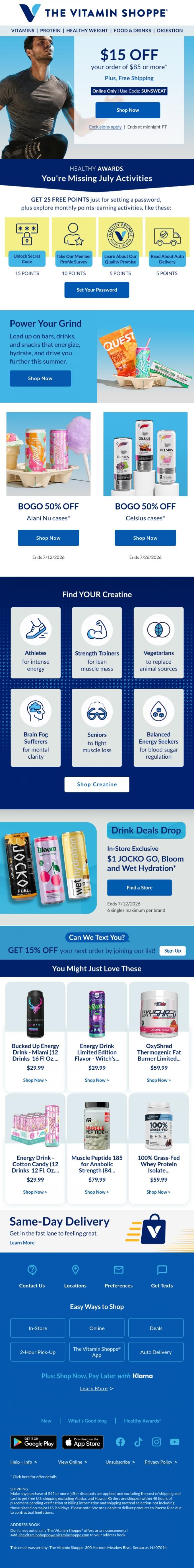 Email Design Inspiration from The Vitamin Shoppe, GET: $15 off | USE: Code SUNSWEAT