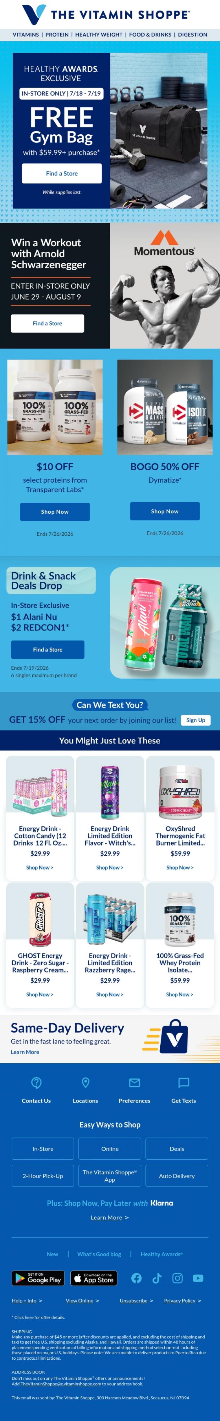 Email Design Inspiration from The Vitamin Shoppe, FREE GIFT in-store w/&nbsp;$59.99&nbsp;spend