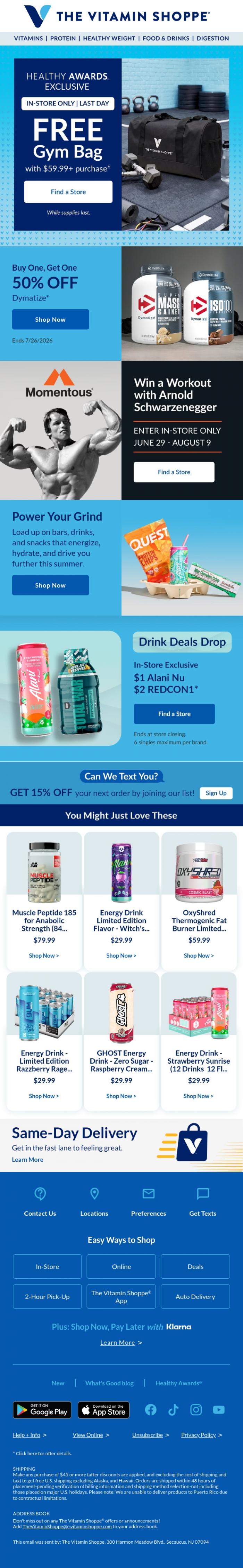 Email Design Inspiration from The Vitamin Shoppe, Spend $59.99➡️Get FREE gym bag. Pull up.