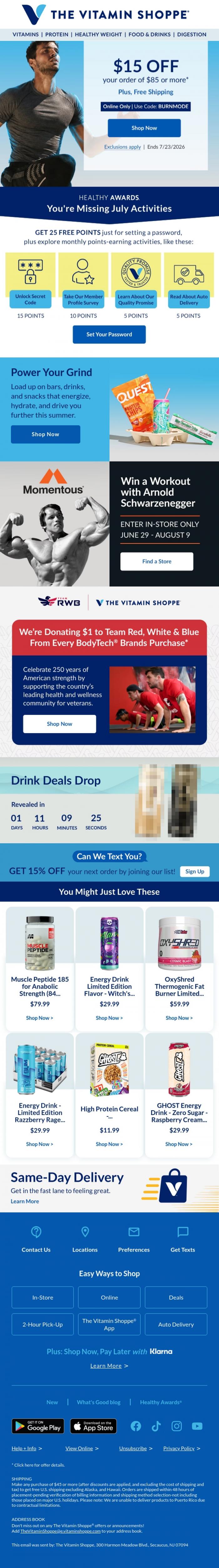 Email Design Inspiration from The Vitamin Shoppe, Savings for the grind: code BURNMODE