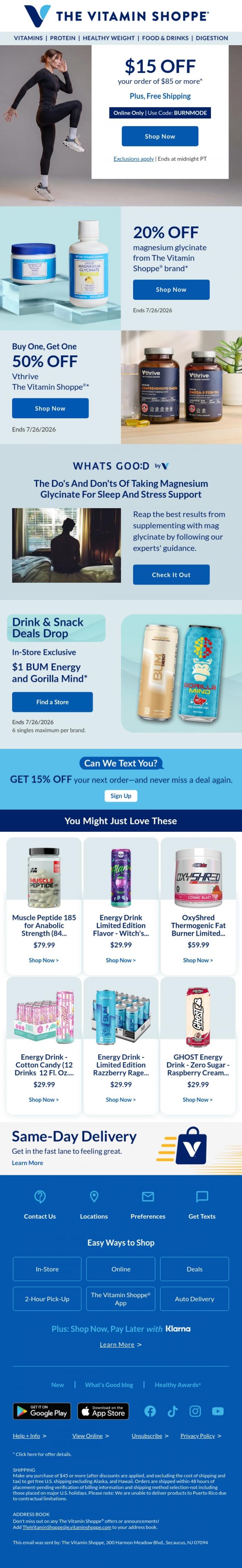 Email Design Inspiration from The Vitamin Shoppe, $15 off. $1 Drinks.&nbsp;Get after it.