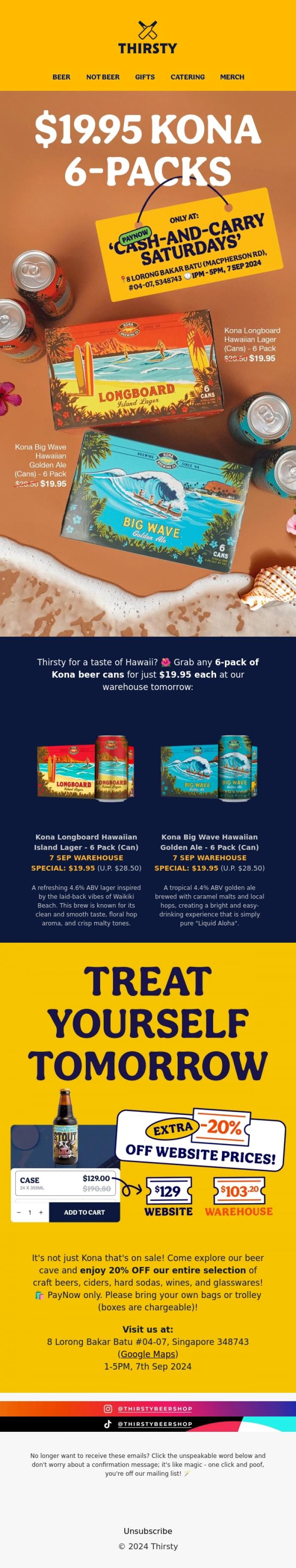 Email Design Inspiration from Thirsty, Kona 6-Pack for $19.95 ONLY! 🏝️🍻