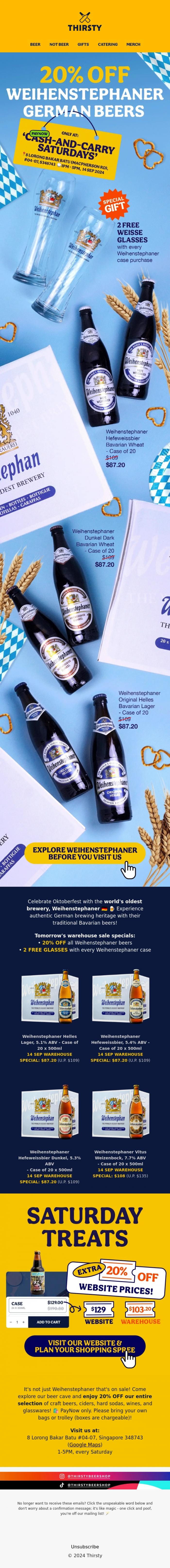 Email Design Inspiration from Thirsty, Oktoberfest Specials: 20% OFF Weihenstephaner German Beers & FREE Glasswares! 🇩🇪🍻