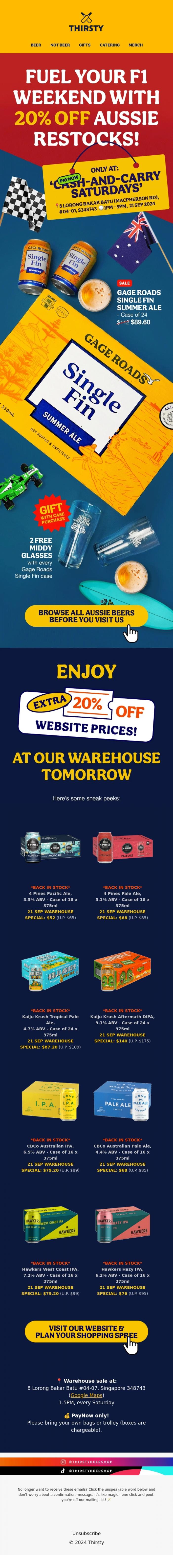 Email Design Inspiration from Thirsty, 🍺🏁 Your F1 Pitstop: 20% OFF Australian Beer Restocks ft. 4 Pines, Kaiju, CBCo, Hawkers and more!