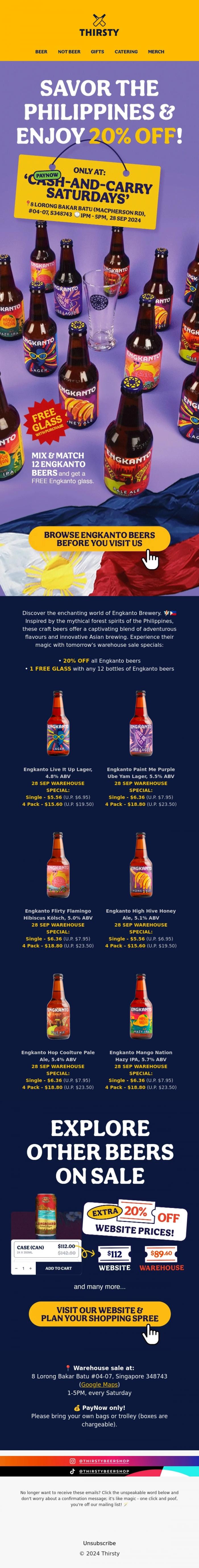 Email Design Inspiration from Thirsty, 🍺🇵🇭 Discover Filipino Flavours: 20% OFF Yam Lager, Honey Ale, Mango IPA & More!