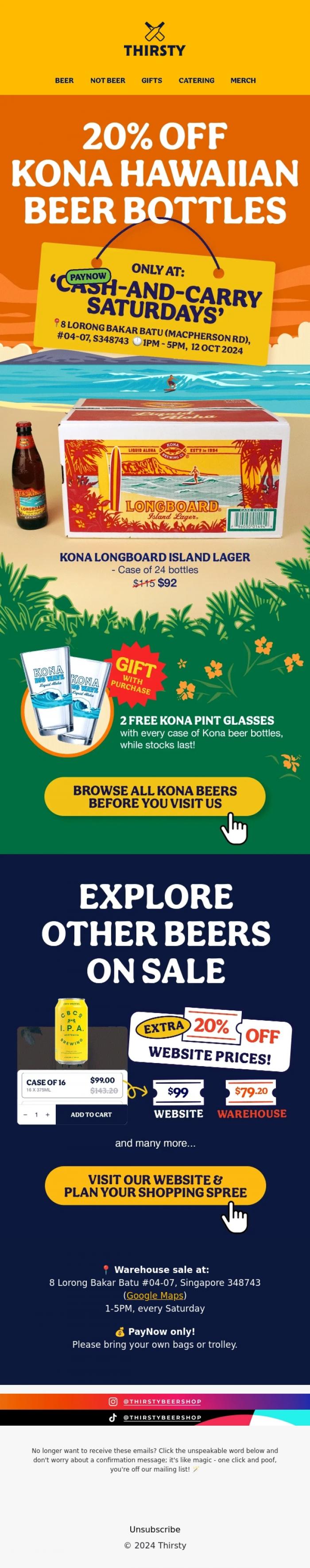 Email Design Inspiration from Thirsty, 🍺🏝️ Your Island Escape Awaits: 20% Off All Kona Bottle Cases!