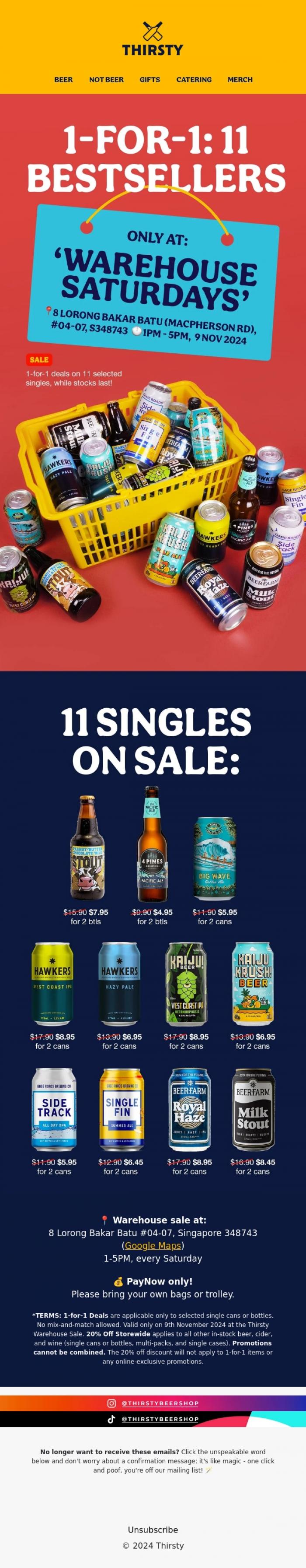 Email Design Inspiration from Thirsty, 🍺 Early Singles' Day: 1-FOR-1 on 11 Bestsellers!