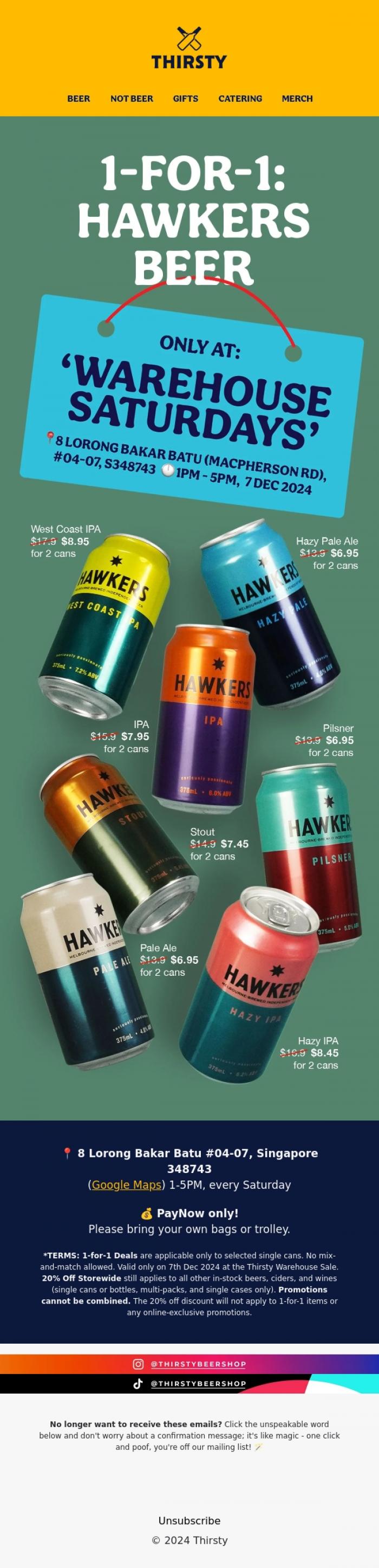 Email Design Inspiration from Thirsty, 🍺 1-for-1 Hawkers Beers!