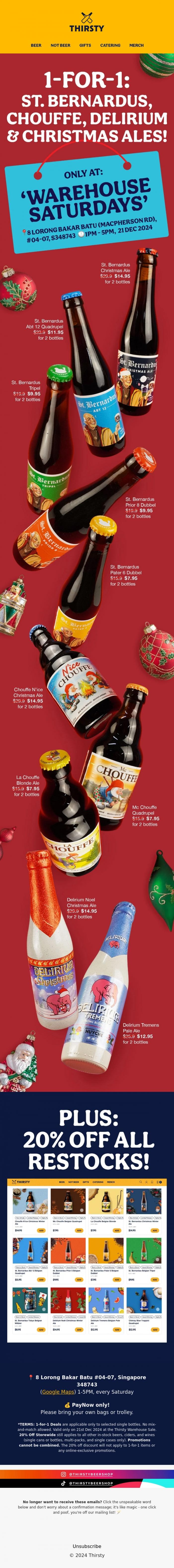 Email Design Inspiration from Thirsty, 🍺🎄 1-for-1 all St. Bernardus, Chouffe, Delirium & Christmas beers!