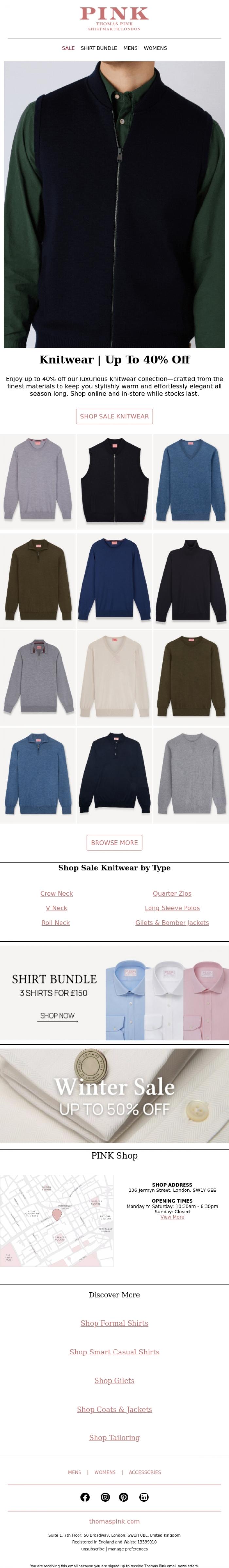 Email Design Inspiration from Thomas Pink, Up To 40% Knitwear | Seasonal Essential