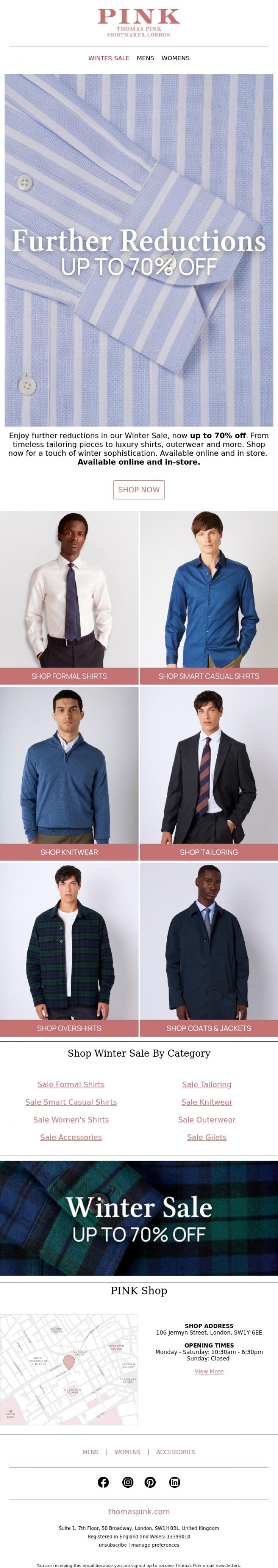 Email Design Inspiration from Thomas Pink, Further Reductions, Now Up to 70% Off