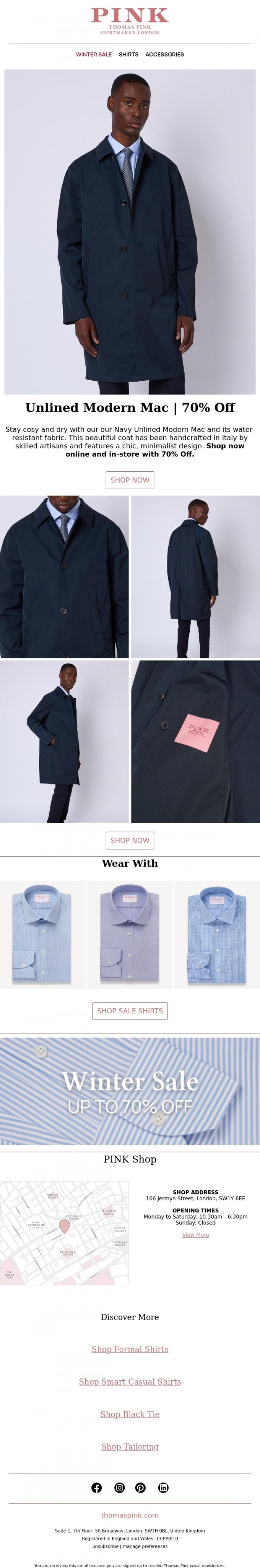 Email Design Inspiration from Thomas Pink, Unlined Modern Mac | 70% Off