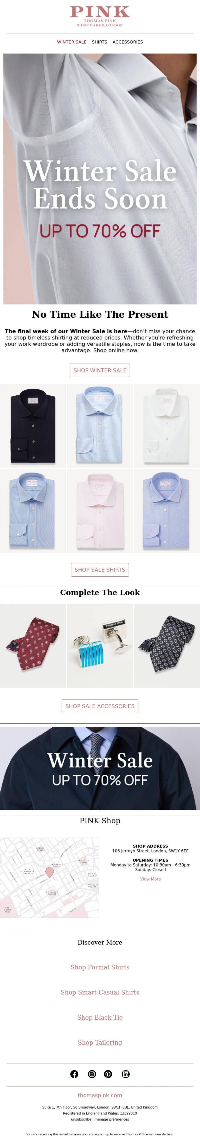Email Design Inspiration from Thomas Pink, Last Week of Sale | Up To 70% Off
