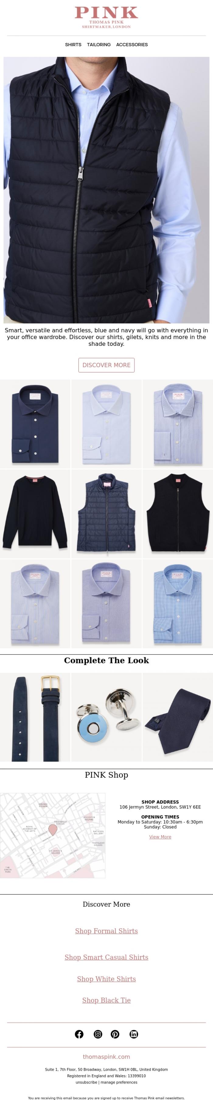 Email Design Inspiration from Thomas Pink, Blue: the most versatile colour for the office
