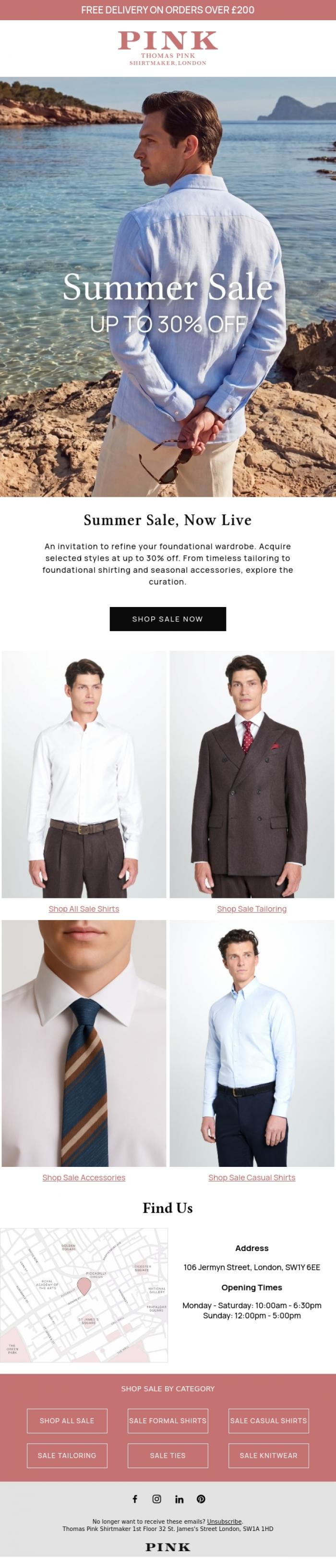 Email Design Inspiration from Thomas Pink Shirtmaker, Up to 30% Off | Summer Sale Now Live