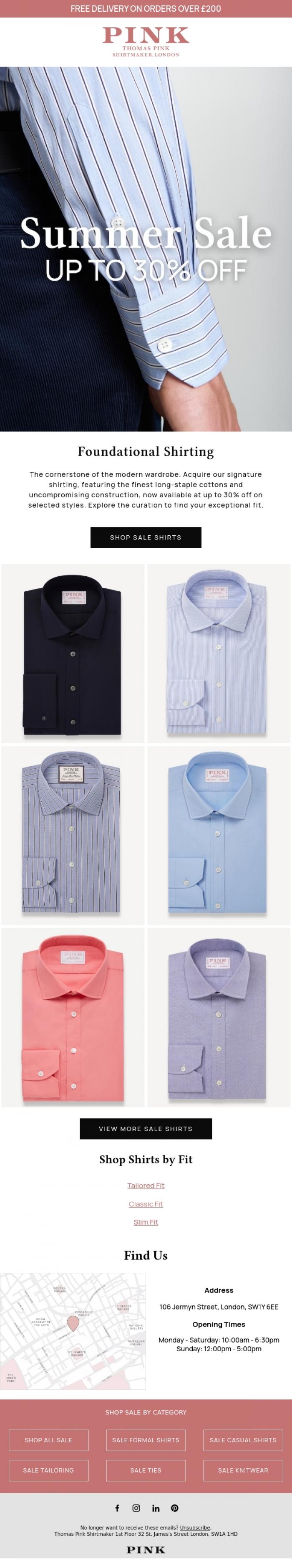Email Design Inspiration from Thomas Pink Shirtmaker, Up To 30% Off Foundational Shirting