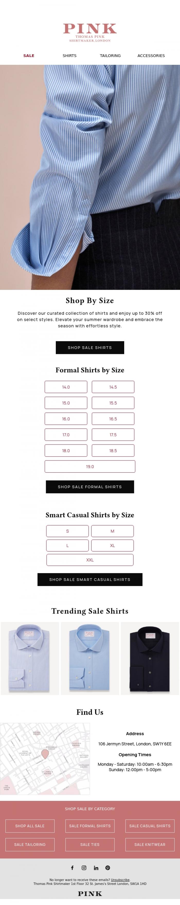 Email Design Inspiration from Thomas Pink Shirtmaker, Shop Sale Shirts by Size