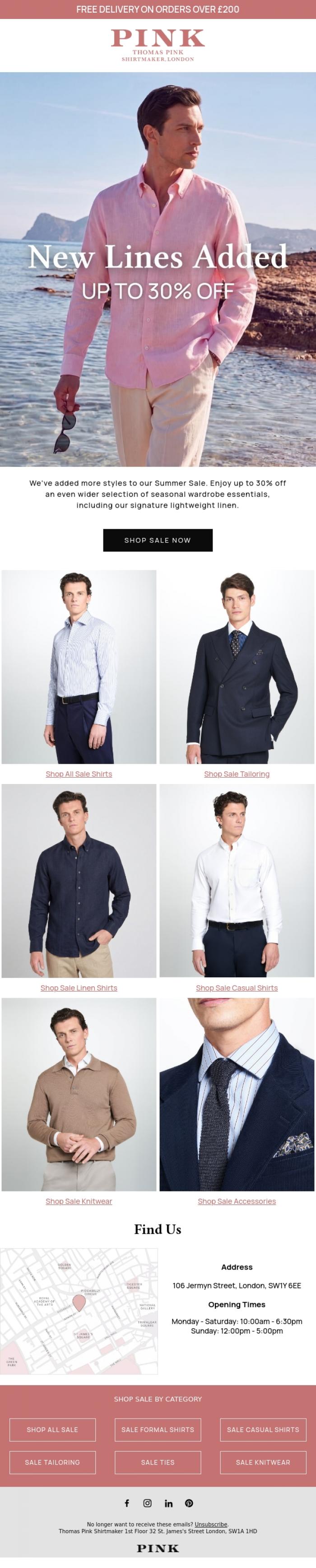 Email Design Inspiration from Thomas Pink Shirtmaker, New Lines Added | Summer Sale