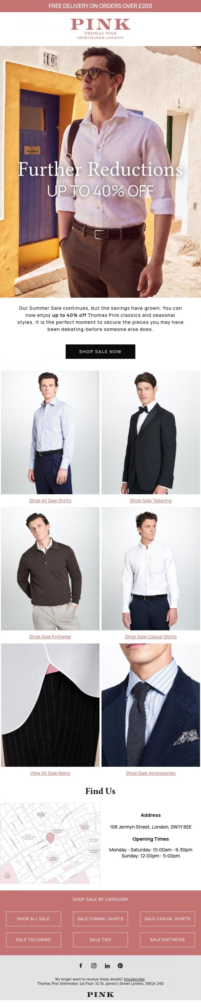Email Design Inspiration from Thomas Pink Shirtmaker, Further Reductions | Up to 40% off
