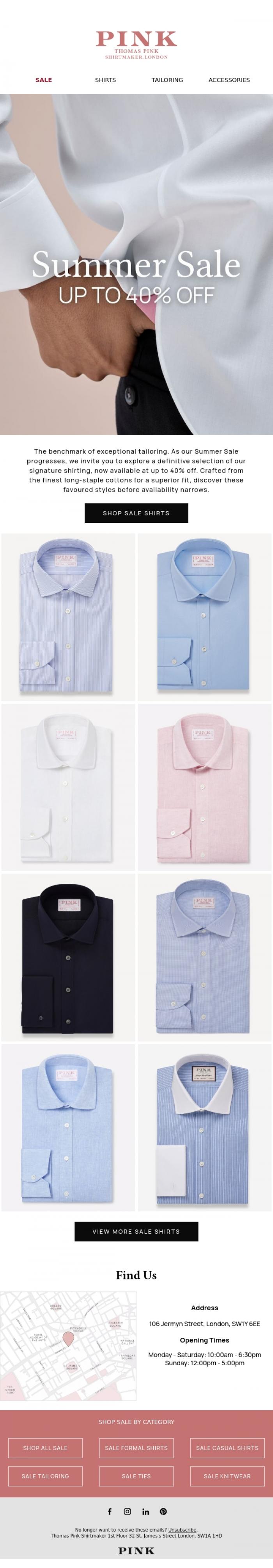 Email Design Inspiration from Thomas Pink Shirtmaker, Up to 40% Off: Formal Shirts