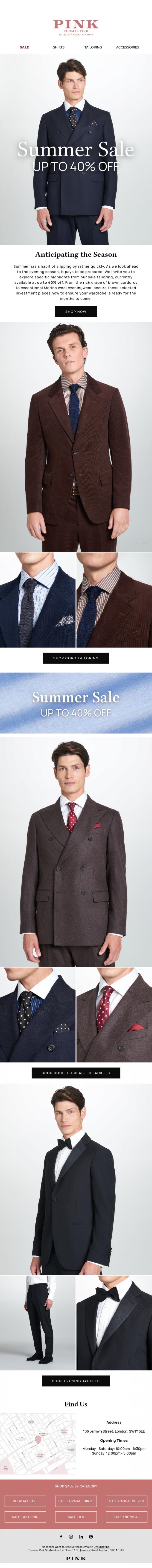 Email Design Inspiration from Thomas Pink Shirtmaker, Timeless Tailoring | Up To 40% Off