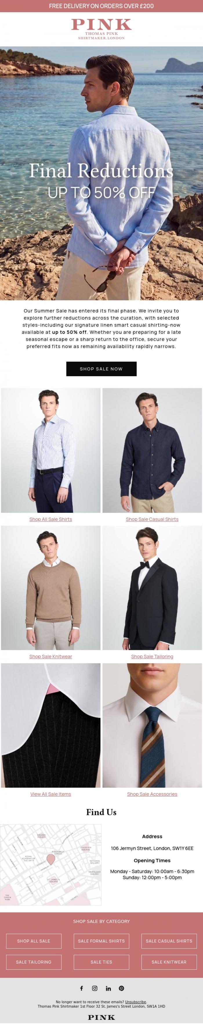 Email Design Inspiration from Thomas Pink Shirtmaker, Final Reductions: Up to 50% Off