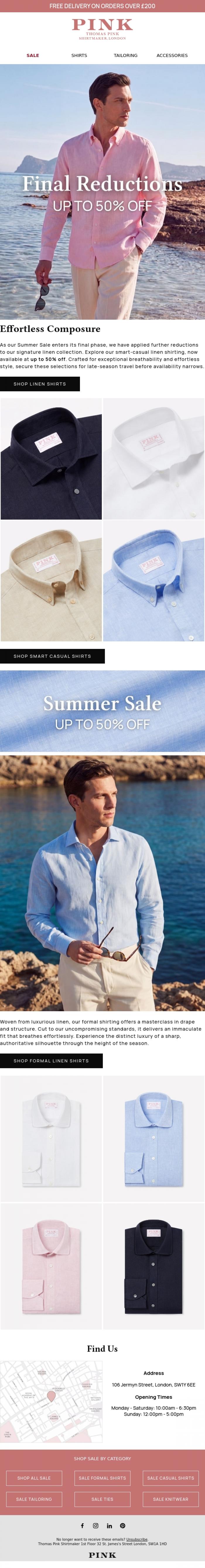 Email Design Inspiration from Thomas Pink Shirtmaker, The Linen Curation: Up to a 50% Off
