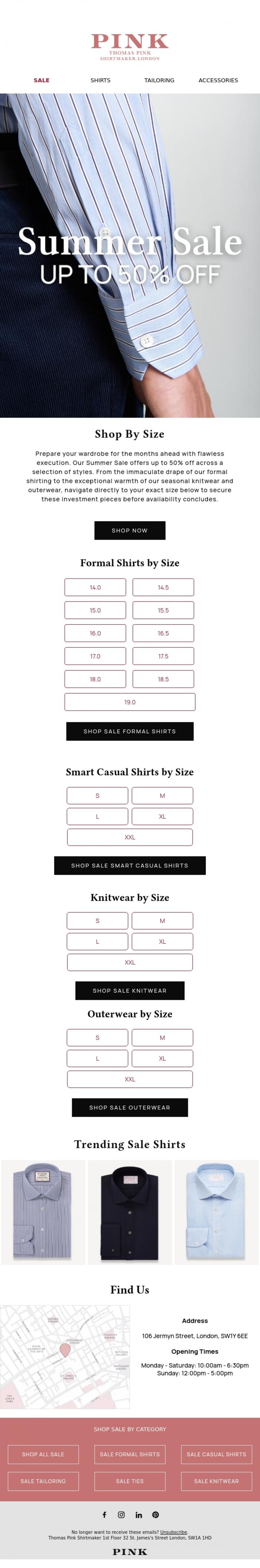 Email Design Inspiration from Thomas Pink Shirtmaker, Shop by Size: Up to 50% Off
