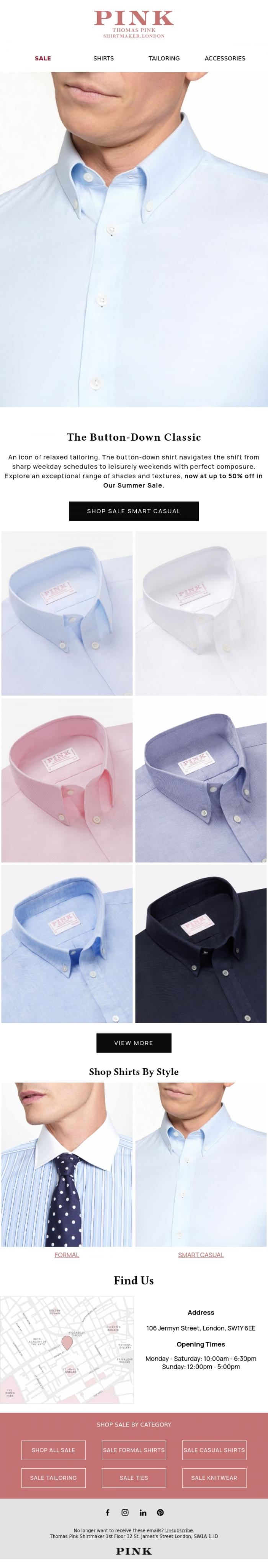 Email Design Inspiration from Thomas Pink Shirtmaker, The Smart Casual Button-Down | Up to 50% Off