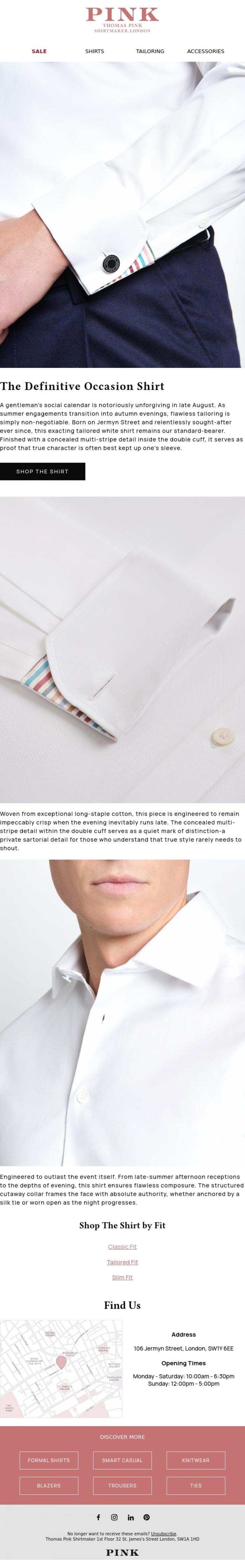 Email Design Inspiration from Thomas Pink Shirtmaker, The Definitive Occasion Shirt