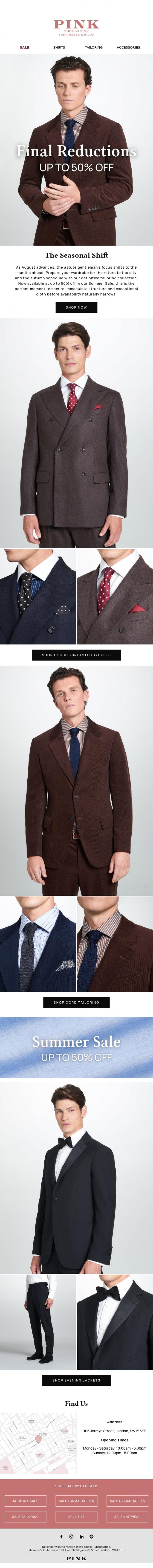 Email Design Inspiration from Thomas Pink Shirtmaker, Timeless Tailoring | Up To 50% Off