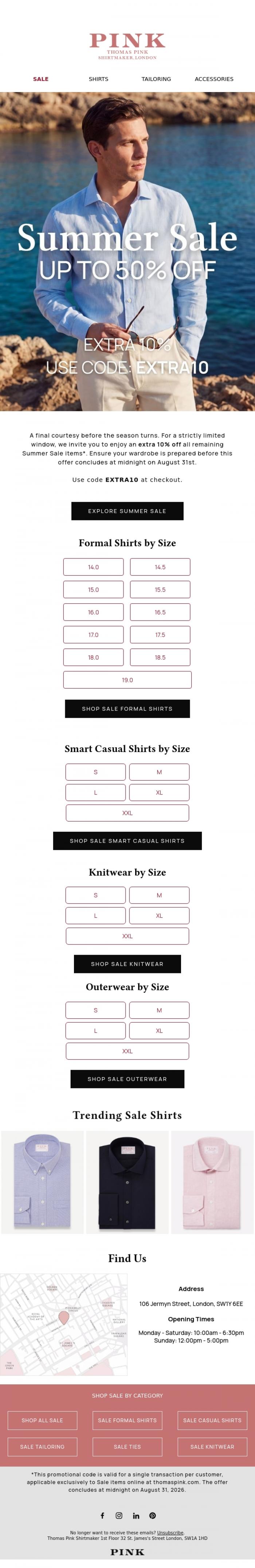 Email Design Inspiration from Thomas Pink Shirtmaker, Extra 10% Off Sale