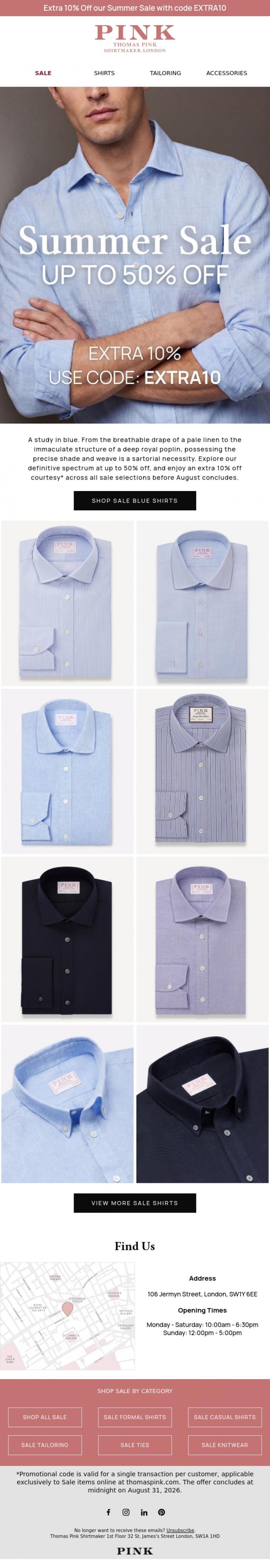 Email Design Inspiration from Thomas Pink Shirtmaker, A Study in Blue | Up To 50% Off