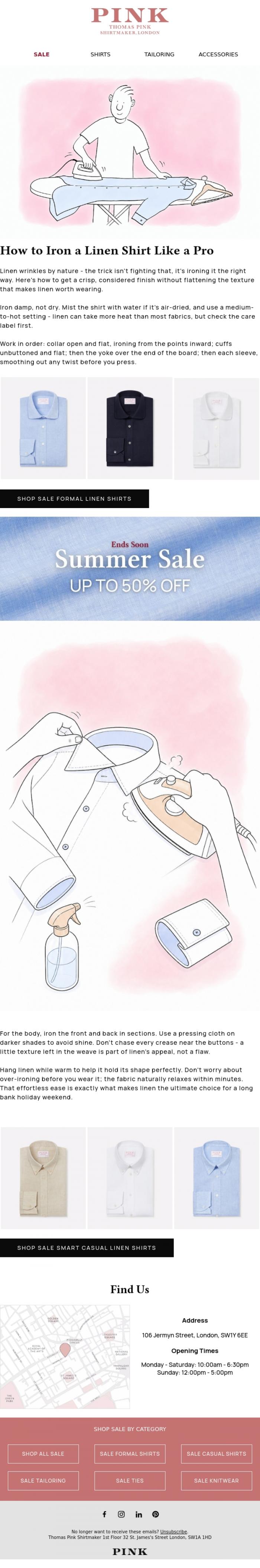 Email Design Inspiration from Thomas Pink Shirtmaker, How To Iron a Linen Shirt Like a Pro